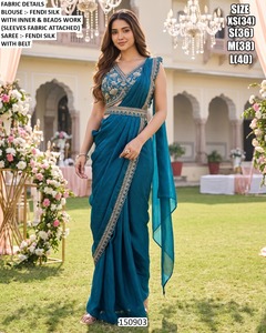<b>Purple</b> Fendi Silk <b>Saree</b> With Beaded Blouse And Belt For Women Floor Length Elegant Style 150903 - Product Image 2
