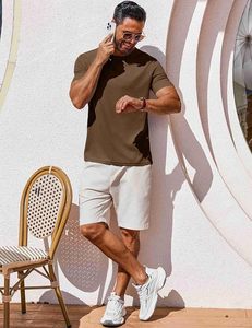 Men's <b>Brown</b> Short <b>Sleeve</b> O-Neck Knitted T-Shirt Slim Fit Casual Breathable 100% Cotton Solid Color <b>Top</b> - Product Image 5