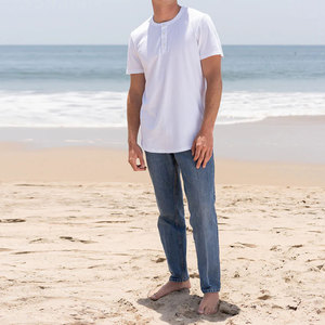 Men <b>White</b> 100% Luxury Organic Cotton Woven Short Sleeve Henley Curved Hem <b>T</b> <b>Shirt</b> Pre Shrunk Certified Premium Breathable - Product Image 5