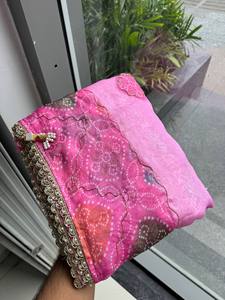 Pink Digital Printed Silk Saree With Embroidered Border For Women Traditional Wedding Wear India Pakistan - Product Image 6