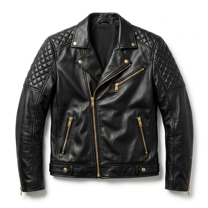Chaqueta de Motociclista para Hombre, Duradera y Resistente, de Cuero Genuino Negro, con Cremalleras en los Hombros, Puños Acolchados y Cuello Camisero - Product Image 4