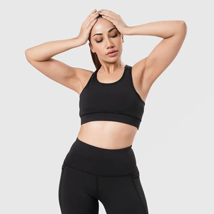 Soutien-gorge de sport dos nageur noir uni pour femme, sans couture, maintien moyen, haut de yoga et d'entraînement, respirant, vêtement de fitness en Spandex/Nylon à séchage rapide - Product Image 1