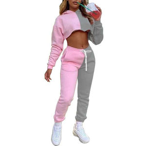 Conjunto de Sudadera Corta con Capucha y Pantalones Jogger para Mujer, Diseño de Bloques de Color en Dos Tonos, Bordado, Informal, de Invierno, al por Mayor, OEM - Product Image 1