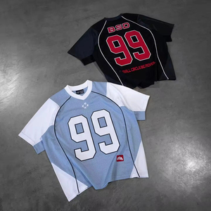 เสื้อยืดเจอร์ซีย์ตาข่ายแขนสั้นทรงโอเวอร์ไซส์พิมพ์ลายโลโก้ด้านหน้าแบบซับลิเมชั่นสำหรับผู้ชาย ระบายอากาศได้ดี แห้งเร็ว ลายเรียบ - Product Image 3