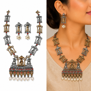 ARTS JEWELS JS-541 Conjunto de Collar y Pendientes de Latón Bañado en Oro de Dos Tonos con Engaste de Bisel y Moissanita, Estilo Bohemia para Mujer - Product Image 1