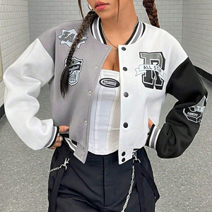 Varsity Jacket Women's Gray White Black Letter Print Full Sleeve Turn-down Collar Single Breasted Autumn Wear - Product Image 1