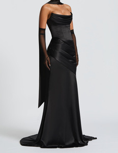 Vestido de noche elegante de satén plisado de color liso para mujer, con espalda descubierta, para exportación - Product Image 4