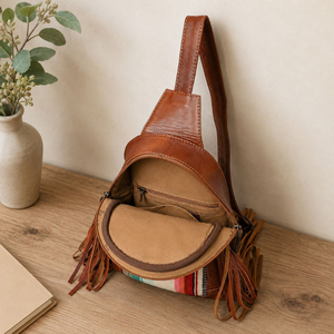 Sac bandoulière en cuir fait main avec franges, style western, en tissu serape, sangle réglable, style fourrure, pour femme, idéal pour les voyages - Product Image 2