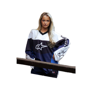 เสื้อเจอร์ซีย์สตรีทแวร์สีกรมท่าและสีขาวขนาดใหญ่ใส่ได้ทั้งชายและหญิงสวมใส่สบายมีสไตล์ - Product Image 1