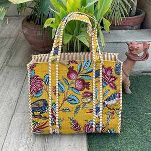 Wholesale Price Teal Blue Orange Floral Cotton Kantha Quilted Storage Tote <b>Bag</b> Women Shoulder Travel Carrying Handbag Striped St - Product Image 5
