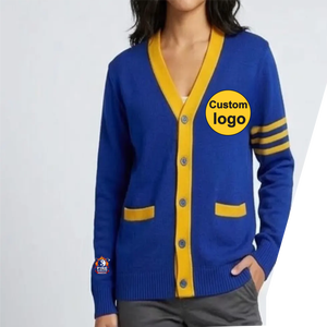 Cardigan en tricot bleu et jaune pour homme, col en V, manches longues, fermeture boutonnée, style automne, avec logo personnalisé sur le devant - Product Image 3