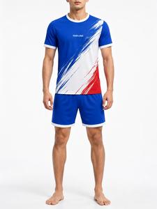 Ensemble de maillots de football pour hommes, bleu, blanc, rouge, sublimé, manches courtes, col rond, polyester respirant, logo personnalisé sur le devant - Product Image 4