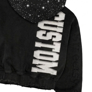 Sweat-shirt à capuche noir personnalisé avec strass et imprimé mains en prière, design streetwear stylé pour unisexe, SHY Sports - Product Image 4