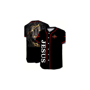 Camiseta de Béisbol con Estampado Completo de Jesús el León para Hombre, Manga Corta, Negra y Roja, con Botones al Frente, Transpirable, de Poliéster, Ropa Deportiva - Product Image 5
