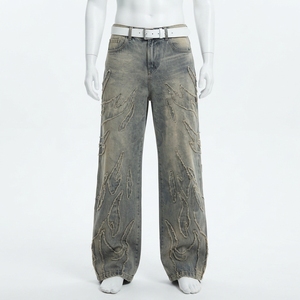 <b>Men's</b> High Waist <b>Wide</b> <b>Leg</b> Distressed Denim <b>Jeans</b> With Embroidery Loose Fit Streetwear Autumn Style - Product Image 1