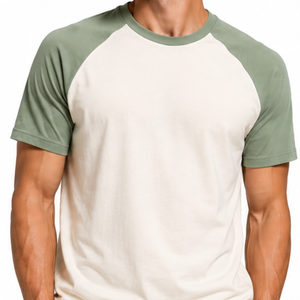 T-shirt Raglan Homme Manches Courtes Col Rond Vert Sauge Crème Bicolore Style Baseball – Le Plus Vendu - Product Image 2