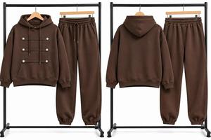 Ensemble de survêtement marron oversize à capuche imprimé, style streetwear, en molleton tricoté, pour l'hiver, service OEM - Product Image 4
