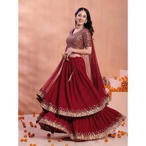 มารูนจีออร์แก็ตต์ประดับเลื่อมสีแดงเข้มที่น่ารักมีดีไซน์ lehenga choli กับ dupatta - Product Image 6