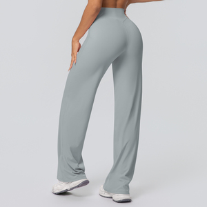 High Waist Full Length Flared Leg Yoga Pants Solid Color Seamless Stretch Elastic Waist Women's <b>Leggings</b> - Product Image 5