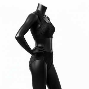 Conjunto de bikini de poliéster y spandex premium, color negro sólido, tela elástica con estampado completo, logotipo personalizado por transferencia térmica, conjunto de bikini para mujer. - Product Image 4