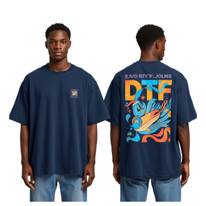 T-shirt pour homme bleu marine avec impression DTF, motif Energy Flow, coupe ample, vêtements en coton tendance - Product Image 2
