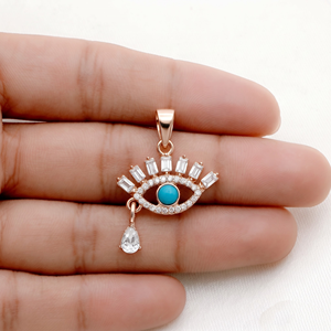 Pendentif Œil Turc en Argent Sterling 925 Massif Plaqué Or Rose avec Turquoise et Zircon Cubique Baguette, Bijoux Fins, Vente en Gros, Memoria Jewels - Product Image 3