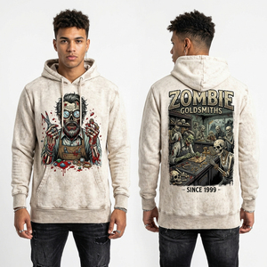 เสื้อฮู้ดซิปแบบย้อมสีแทนสไตล์วินเทจ พิมพ์ลายกราฟิกซอมบี้และสัตว์ป่า สำหรับผู้ชาย สตรีทแวร์ ผ้าหนา ผลิตจากโรงงาน - Product Image 2