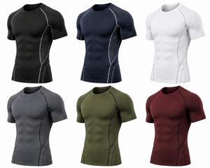 Camiseta de compresión de manga corta personalizada para hombre, con bloques de color, de secado rápido, transpirable, ajuste delgado, deportiva, cuello redondo, tejido liso. - Product Image 6