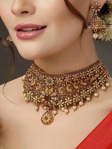 Conjunto de Collar Gargantilla y Pendientes con Diseño Floral Chapado en Oro, con Perlas de Imitación y Piedras, para Mujer, Joyería de Moda para Bodas - Product Image 3