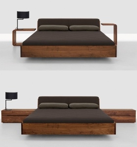 Modern Minimalist Teak Wood Platform Bed with Built-In <b>Side</b> <b>Table</b> <b>Storage</b> - Product Image 1