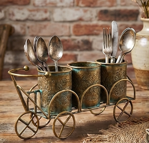 Porta Cubiertos Metálico Vintage con Ruedas, Diseño de Carrito, Organizador de Utensilios de Cocina con 3 Compartimentos - Product Image 1
