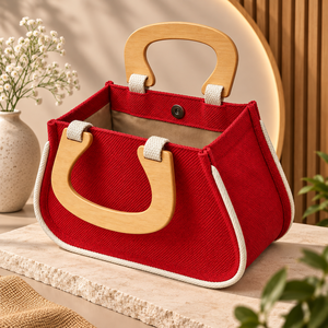 Cute Looking <b>Mini</b> Jute <b>Bag</b> with Round Wood Handles Small Size for shopping gifting Canvas Shopping HandBag for girls - Product Image 5