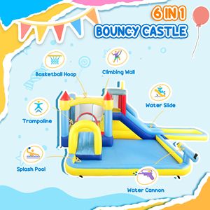 Parc aquatique gonflable 6 en 1 avec piscines, 2 toboggans, mur d'escalade, canon à eau et panier de basket - Installations aquatiques de loisirs haut de gamme - Product Image 4