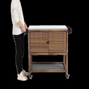 Carrello Bar da Esterno in Vimini con Ruote, Tavolo Bar Rotante in Rattan con Piano in Vetro, Arredamento per Veranda e Patio per Servire il Vino - Product Image 5