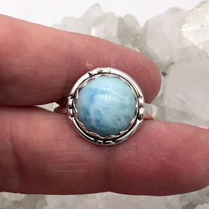 Bague en pierre précieuse Larimar ronde, argent sterling 925, bijoux faits à la main pour femmes - Product Image 4