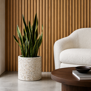 Hotel Lobby Cream Speckled Straight Wall Floor <b>Standing</b> Fiberglass Plant <b>Pot</b> Four Piece Nest Hospitality Grade - Product Image 2