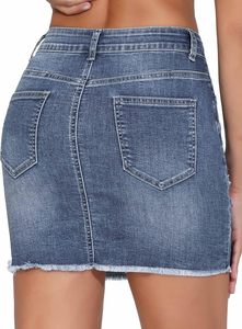 Jupe mi-longue en jean déchiré taille haute sexy pour femme, extensible, écologique, respirante, 100 % coton, 4 poches, douce, extensible, avec fermeture éclair - Product Image 6