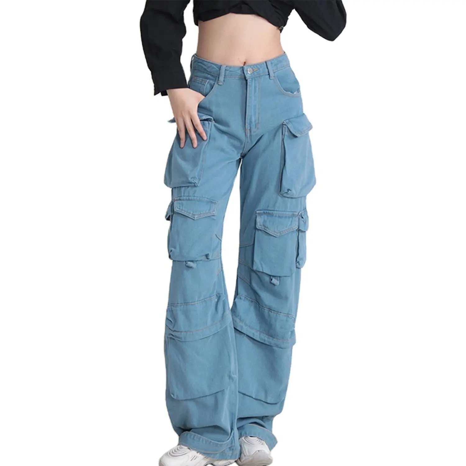 Wholesale Big Pockets Washable Wide Leg Streetwear Jeans Custom Retro Denim Cargo Pants For Women Baggy Style Straight Trousers