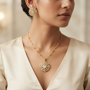 Elegant Brass Gold Plated Round Floral Moissanite Pendant <b>Chain</b> Necklace Set Matching <b>Stud</b> <b>Earrings</b> Women's Anniversary Jewelry - Product Image 1