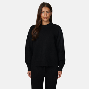 Pull en tricot à col rond surdimensionné pour femmes, noir uni, épaules tombantes, manches longues, vêtements d'hiver - Product Image 1