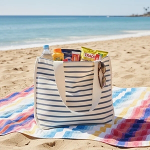Sac fourre-tout en toile de coton biologique 100% résistant de la marque RAMESH EXPORTS |   Sac réutilisable à rayures bleues avec bandoulière et poignée supérieure, taille moyenne - Product Image 4