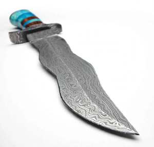 Handcrafted curved <b>profile</b> damascus steel outdoor utility <b>tool</b> Turquoise resin and Wood Stacked Handle - Product Image 3