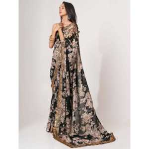 Sorprendente Sari de organza con estampado floral negro con blusa - Product Image 6