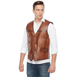Wholesale Men's Genuine Leather <b>Vest</b> V-Neck Triple Buckle Closure Vintage Style <b>Brown</b> Outerwear Breathable Eco-Friendly - Product Image 2
