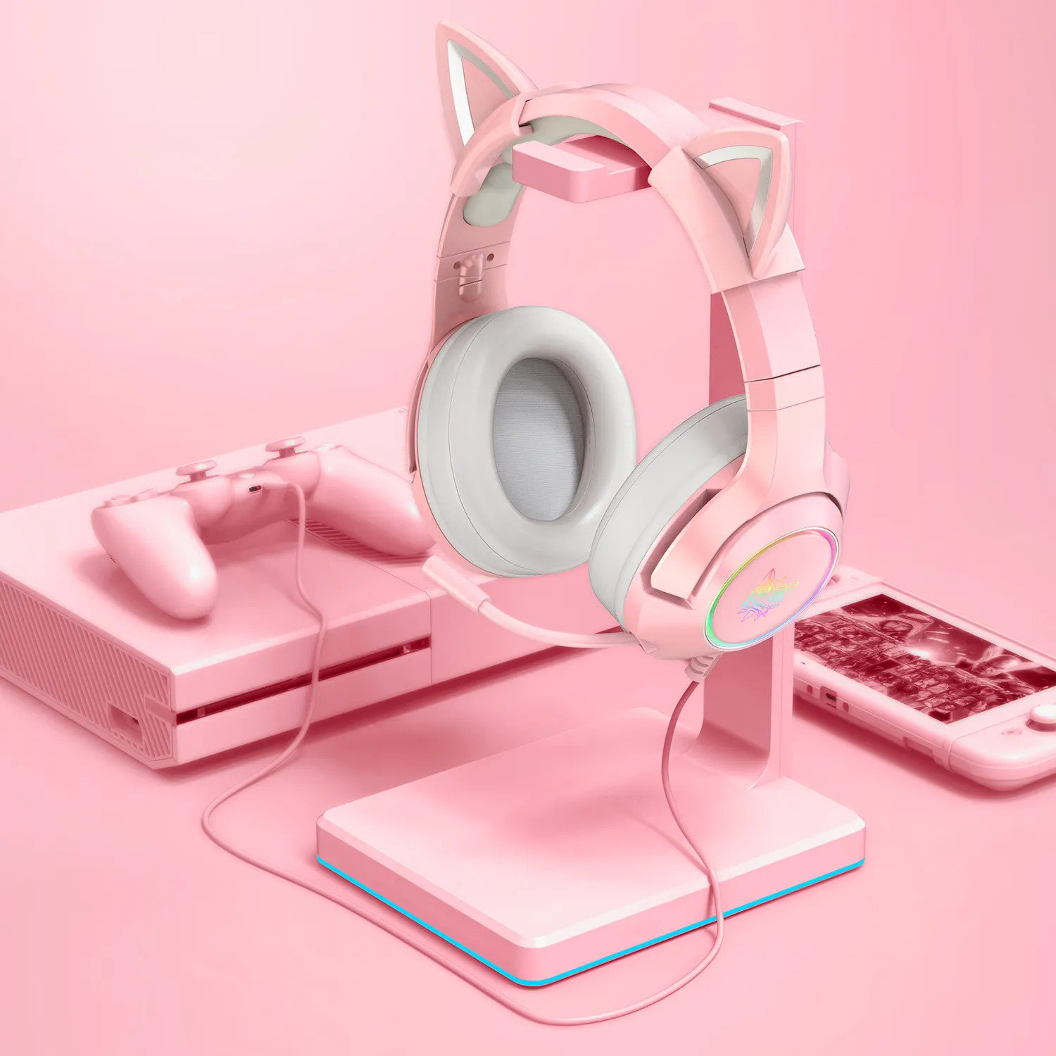 Fone de ouvido gamer onikuma k9 com microfone, headset para meninas com fio, orelha de gato, para jogos de ps4, ps5, xbox 7.1