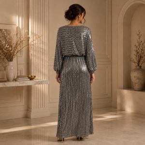 Women Silver <b>Sequin</b> Maxi Dress V Neck Long Sleeve Sparkle Evening Gown Elegant Party Cocktail Wedding Formal Prom Luxury Fashion - Product Image 4