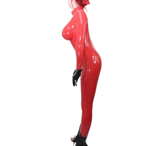 Mono de mujer rojo de manga larga con cuello alto, recubierto de PU, de cintura alta, largo completo, sexy, elástico, ajustado al cuerpo, para discoteca - Product Image 3
