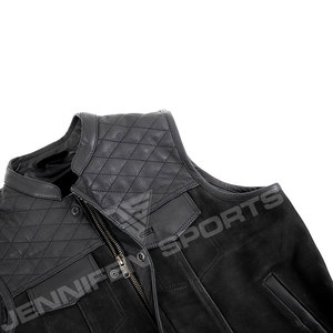 Gilet de moto décontracté unisexe en cuir véritable et daim, coupe diamant, avec plusieurs poches sur la poitrine et à l'intérieur - Product Image 4