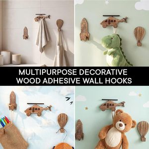 Ganchos de Pared de Madera para Niños, con Diseño de Avión, Coche, Cohete y Globo, Adhesivos Decorativos, Creativos - Product Image 4