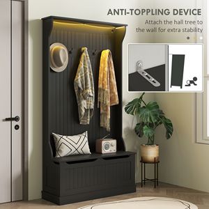 Panca da ingresso 3-in-1 con luci LED, appendiabiti e porta scarpe (5 ganci, nera) - Product Image 6
